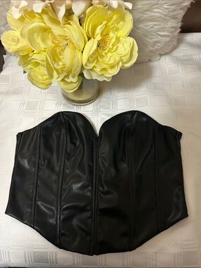 H&M Black Faux Leather Strapless Corset Crop Top